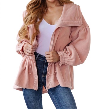 zipped and cinched zip up jacket in pink