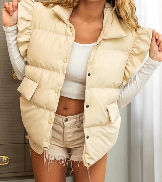 ruffled sleeve puffer vest in ivory