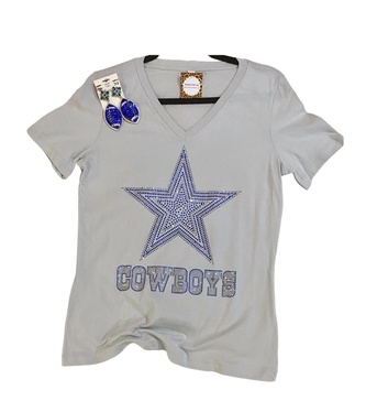 women's dallas cowboys rhinestone v neck tee in light gray