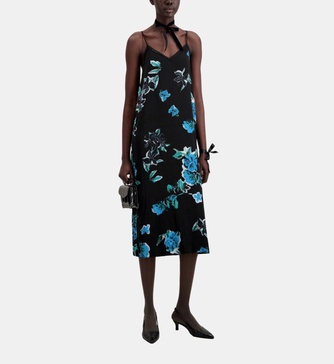 long printed slip dress with lace details