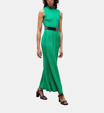 long green dress in openwork mesh