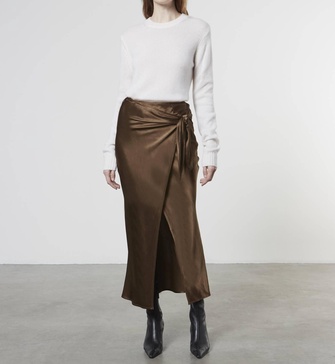 satin wrap skirt in saddle brown