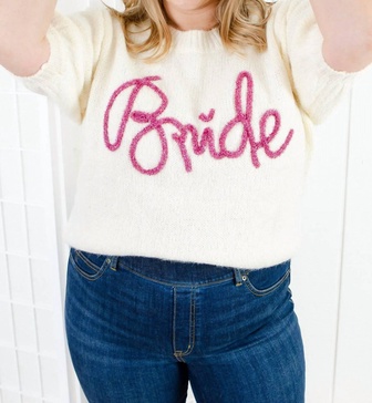 bride queen sparkle puff sleeve sweater in white