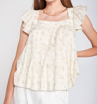 refine floral ruffle top in white