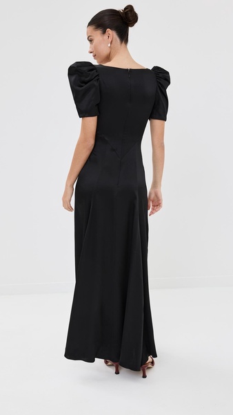 Black Silk Satin Puff Sleeve Dress With Sequin Detail