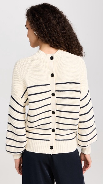 Button-Back Crewneck Sweater in Stripe