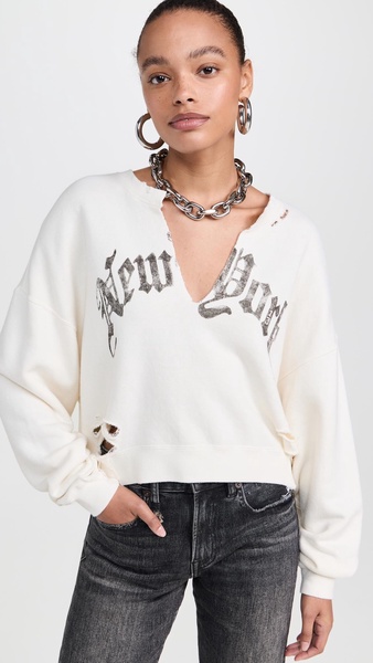 New York Cropped Crew Neck Sweatshirt with Front Slit