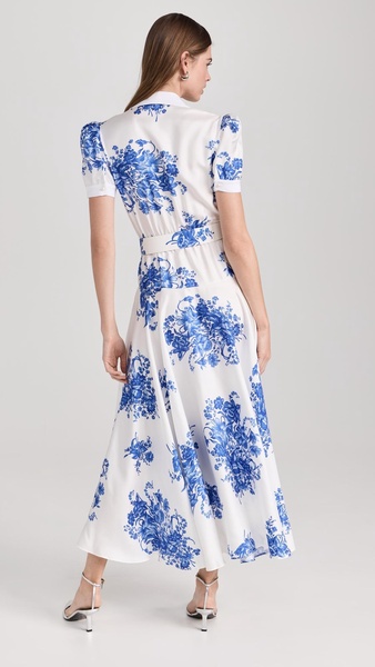 White and Blue Floral Printed Silk Twill Collared Dress with Belt Detail