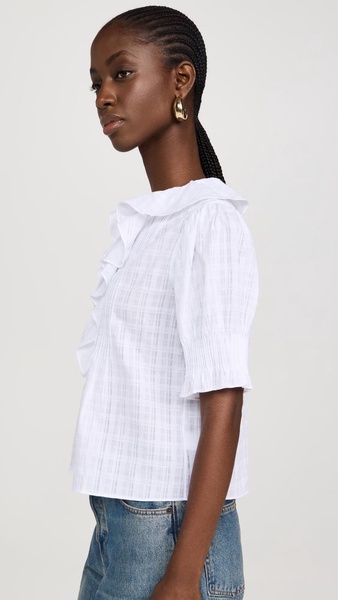 Ruffle Puff-Sleeve Peplum Top in Windowpane