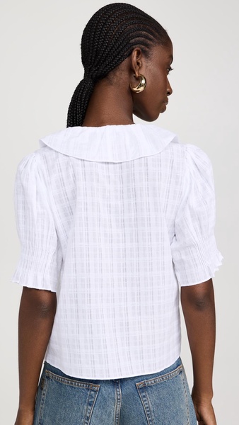 Ruffle Puff-Sleeve Peplum Top in Windowpane