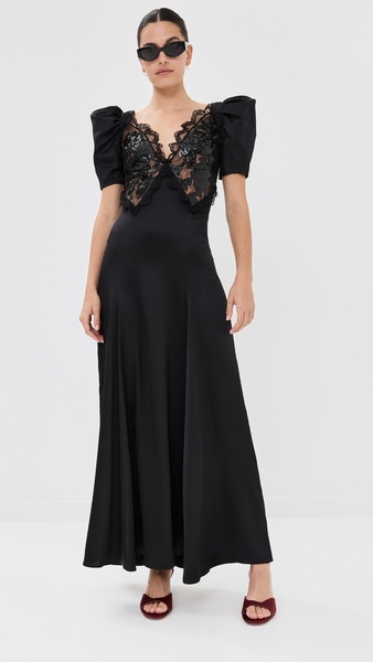 Black Silk Satin Puff Sleeve Dress With Sequin Detail