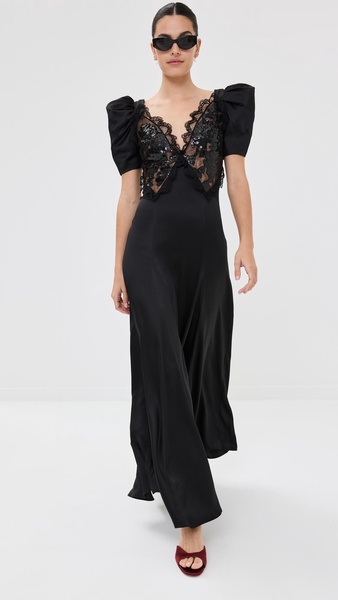 Black Silk Satin Puff Sleeve Dress With Sequin Detail