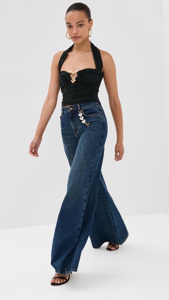 Crystal Heart Charm Wide Leg Jeans