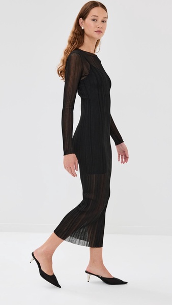 Sheer Plissé Long Sleeve Dress