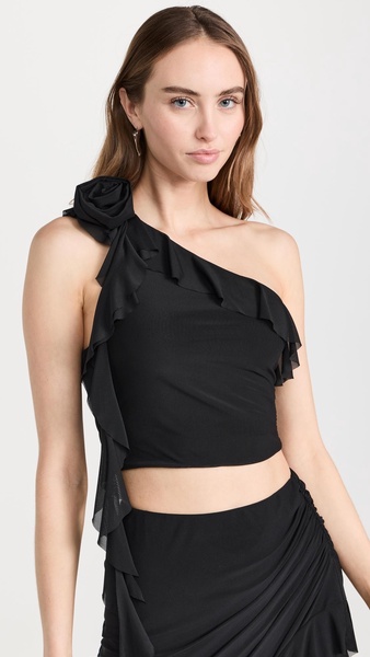 Kellon Rosettte One Shoulder Ruffle Crop Top