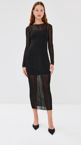 Sheer Plissé Long Sleeve Dress