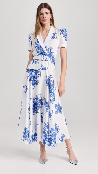 White and Blue Floral Printed Silk Twill Collared Dress with Belt Detail