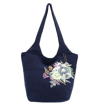 The Sak Resak Tote in Recycled Crochet, Double Shoulder Straps, Denim Seascape