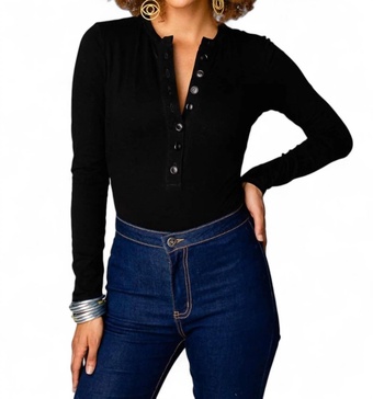 ivy henley button front bodysuit in black