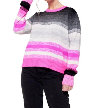 maisie stripe crew sweater in white/diva pink