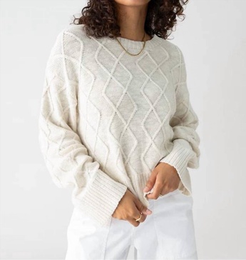 coastal cotton cable crewneck sweater in chalk