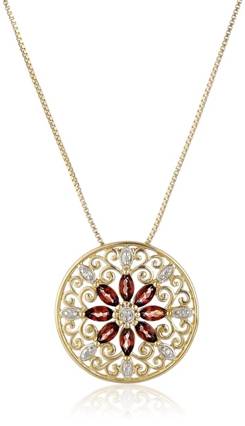 Amazon Essentials 18k Yellow Gold Plated Sterling Silver Gemstone and Diamond Accent Filigree Mandala Pendant Necklace, 18" (previously Amazon Collection)