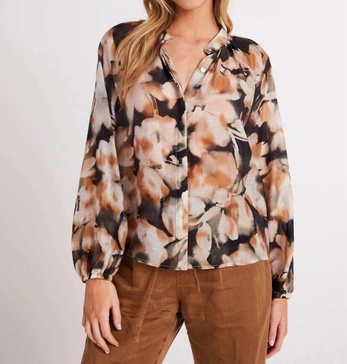 long sleeve shirred blouse in brown