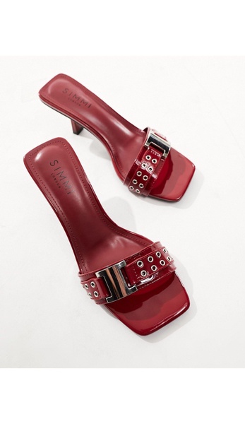 Simmi London Wide Fit Bexley mid heeled mules with grommet buckle detail in red