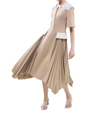 midi pleated dress in taupe-ivory