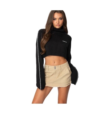 Women's Embroidered Edge Cropped Turtle Neck Sweater