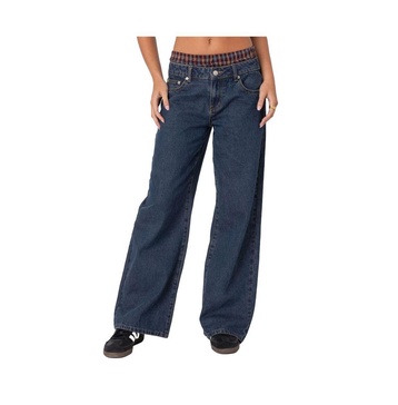 Women's Plaid Boxer Detail Relaxed Jeans