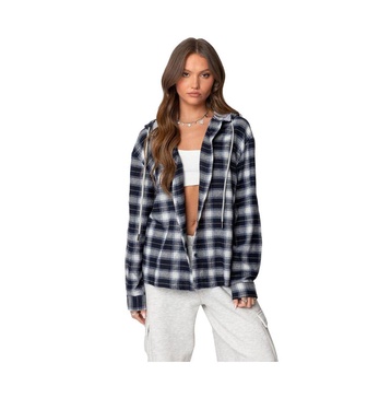 Women's Plaid Hooded Button Up Shirt