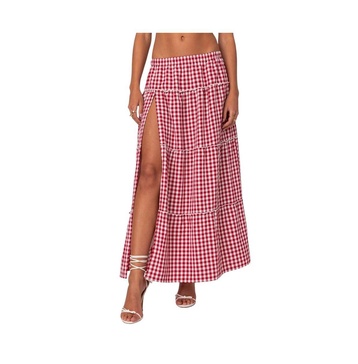 Women's Gingham Side Slit Tiered Maxi Skirt