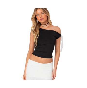 Women's Lace Bow Asymmetric Top