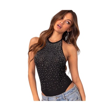 Women's Open back mesh rhinestone bodysuit