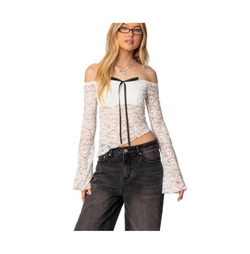 Women's Asymmetric Sheer Lace Off Shoulder Top