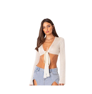 Women's Micro Sequin Tie Front Knit Crop Top