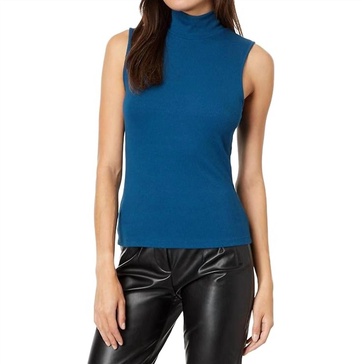 essential sleeveless mock neck top in blue jewel