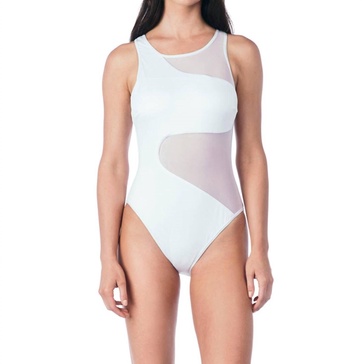 all meshed up mesh high neck one piece swimsuit in solid white