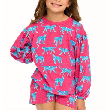 kids leopard drew long sleeve tee in hot pink