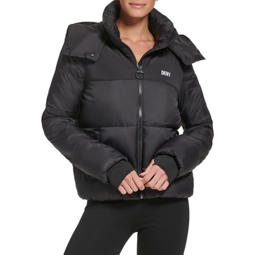 DKNY Women's Sport Colorblock Logo Puffer W/Removeable Hood