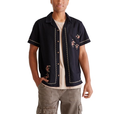 AEROPOSTALE Men's Short Sleeve Embroidered Floral Linen Shirt