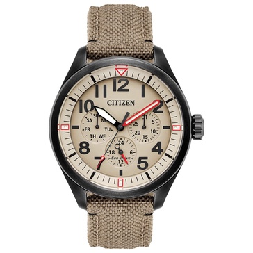 Citizen Men's Eco-Drive Weekender Garrison Field Watch, in Stainless Steel with Khaki Nylon Strap, Khaki Dial (Model: BU2055-08X)