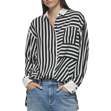 KARL LAGERFELD Women's Soft Long Sleeve Stripe Everyday Fashion Sport Blouse