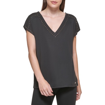 DKNY Women's SLVS Vneck Stud Top