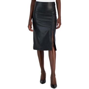 Anne Klein Women's Vegan Leather Slit Front Skirt with Seam Detail