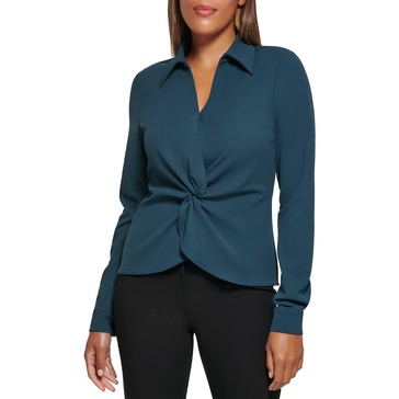 Calvin Klein Women's Twist Front Long Sleeve Collared Blouse