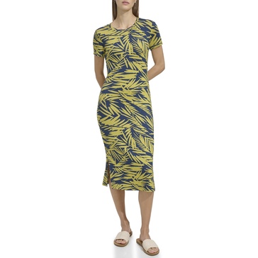 Andrew Marc Women's Short Sleeve Printed Midi Dress with Slits