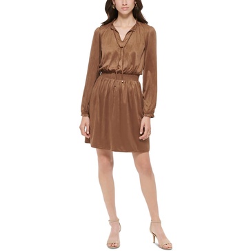 Tommy Hilfiger Women's Fit and Flare Faux Suede Long Sleeve Keyhole W/Tie Dress