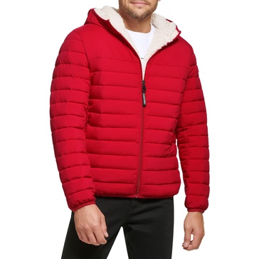 Calvin Klein Men's Hooded Down Jacket, Quilted Coat, Sherpa Lined